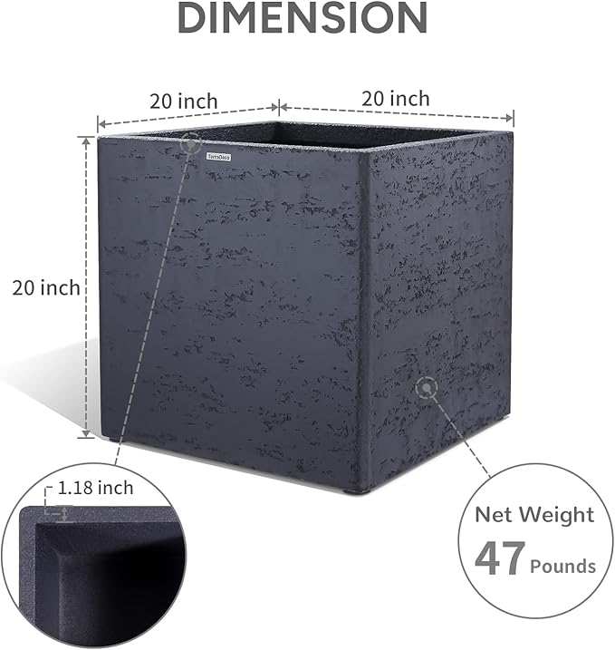 20 Inch Square Concrete Planter（20Lx20Wx20H，48 Pounds）,Durable All-Weather Use with Drainage Holes,Large Square Planter for Outdoor Indoor Plants