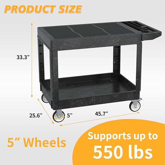 Utility Cart on Wheels, 2 Shelf Heavy Duty Large Flat Top Rolling Cart, 550LBS Capacity Service Cart for Warehouse, Garage, School, Kitchens, Office
