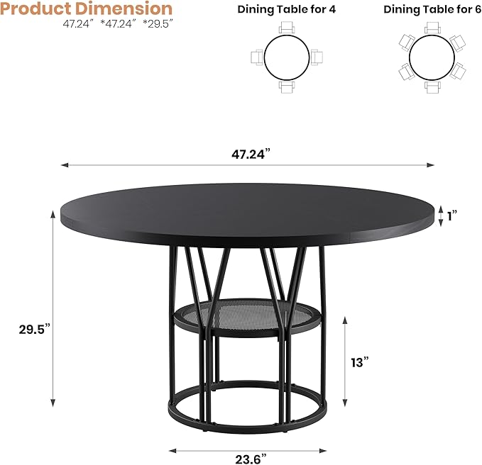 Garvee Round Dinning Table for 4-6 - 47" Circle Dinner Table with Storage Shelf & Sturdy Metal Frame, Modern Breakfast Tea Desk for Kitchen, Living Room, Apartment, Office, Black