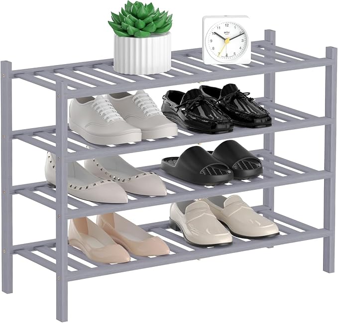 RONGJlA 4 Tier Bamboo Shoe Rack for Closet Free Standing Wood Shoe Shelf Storage Organizer for Entryway Small Space Stackable, Gray