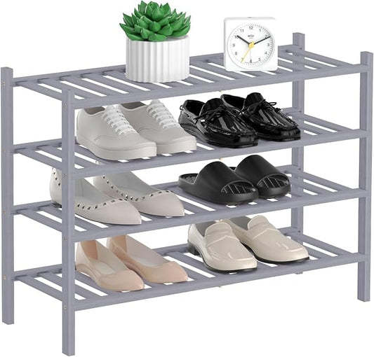 RONGJlA 4 Tier Bamboo Shoe Rack for Closet Free Standing Wood Shoe Shelf Storage Organizer for Entryway Small Space Stackable, Gray