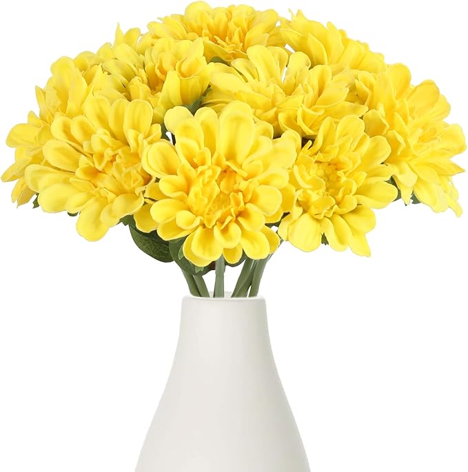 IPOPU Faux Chrysanthemum Flowers 10pcs PU Dahlia Flowers 13inch Artificial Yellow Chrysanthemum Flower Fake Mums Flower for Home Wedding Office Table Centerpiece Floral Arrangement Decor(Yellow)