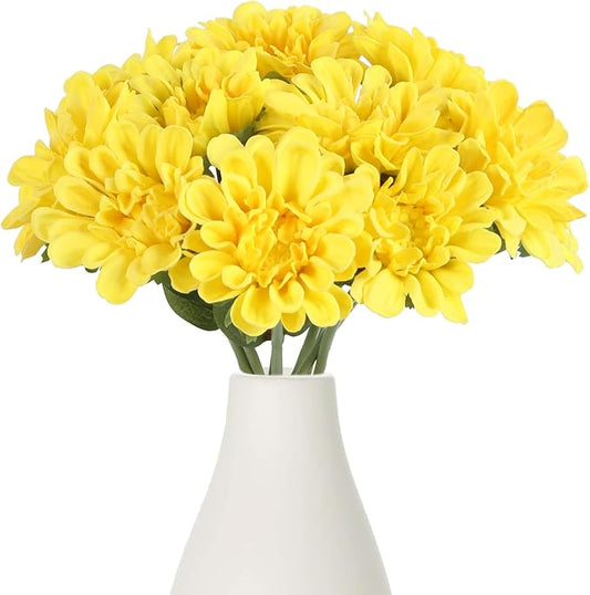 IPOPU Faux Chrysanthemum Flowers 10pcs PU Dahlia Flowers 13inch Artificial Yellow Chrysanthemum Flower Fake Mums Flower for Home Wedding Office Table Centerpiece Floral Arrangement Decor(Yellow)