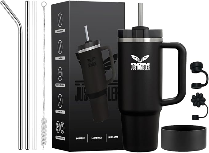 40 Oz Insulated Tumbler with Handle and Straw, Stainless Steel Coffee Travel Mug with Lid, Leak Proof Water Bottle with Accessories, Black