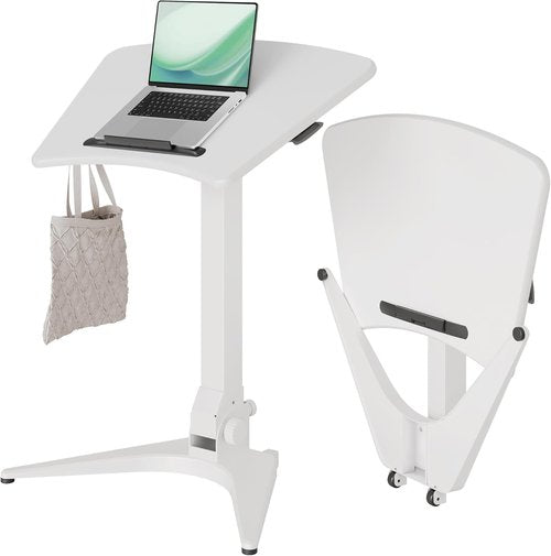 Claiks Mobile Standing Desk - Portable Rolling Workstation with Pneumatic Height Adjustment | White