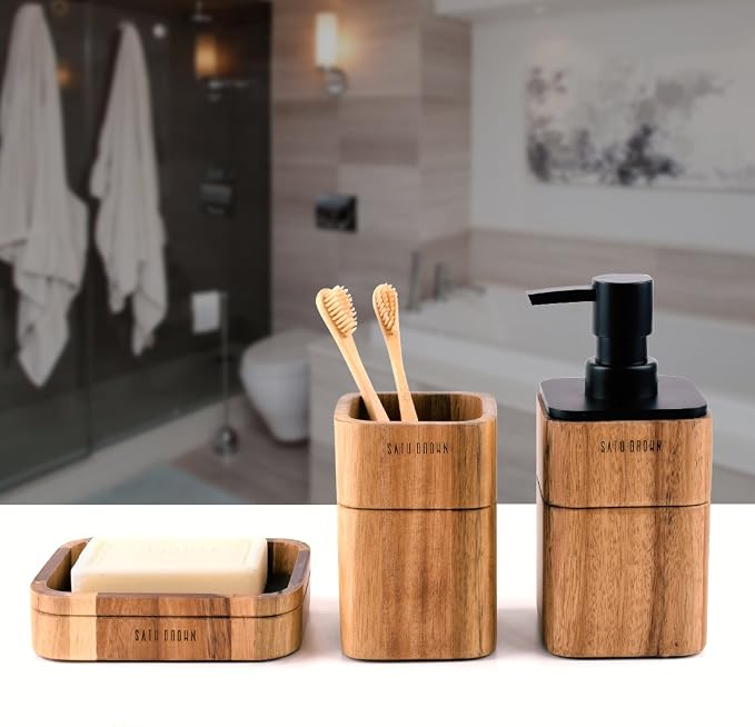 Bathroom Accessory Set Acacia Wood 3 Pieces Includes Bathroom Soap Dispenser, Bathroom Tumbler, Soap Dish Accessories for Bathroom Decor and House Warming Gift