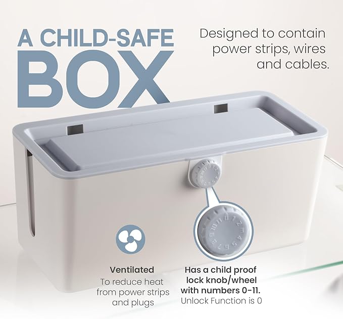 KinderSense® Cable Management Box - Cord Organizer with Child Proof Lock - Cord Hider to Conceal Wires,Power Strips from TV,Computer,Desk and Babies - 12 X 5.25 x 5.25 (Gray)