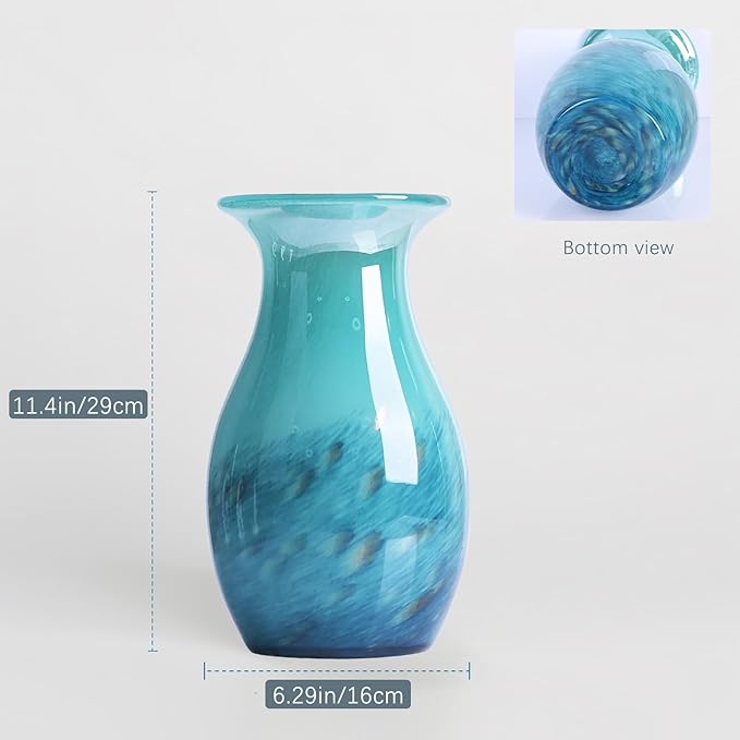 11.4" Tall Teal Glass Vase for Flowers, Hand Blown Gradient Decorative Vase for Home Decor, Centerpiece, Dining Table, Shelf, Mantel, Bathroom, Entryway, Countertop, Gift for Friends
