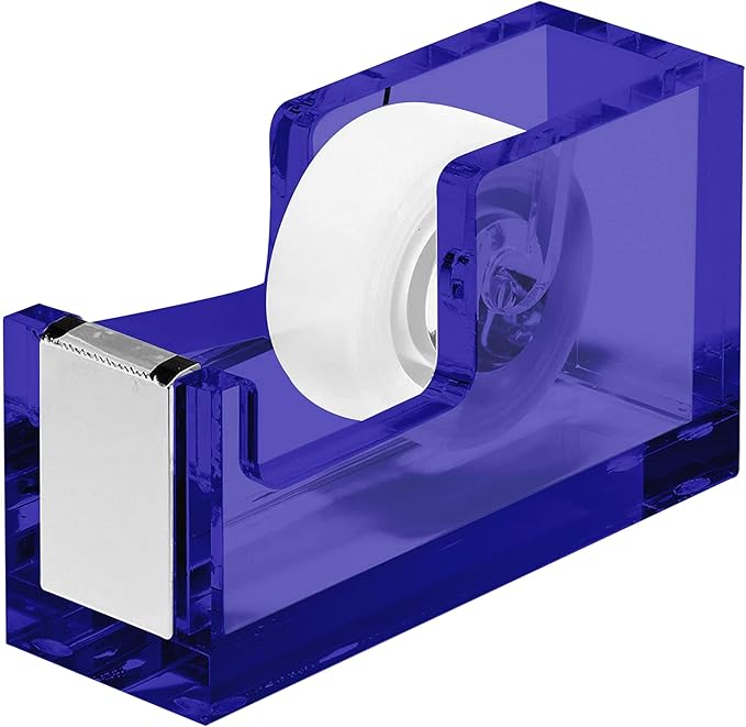 OfficeGoods Acrylic Tape Dispenser – Modern Desk Organizer for Office Supplies – Heavy Duty Refillable Tape Holder for Home and School Crafting – Stylish Desktop Accessory for Gift Wrapping, Blue