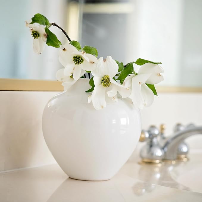 Willowy 5 Inch Small White Porcelain Vase with Glossy Finish - Small Vases for Flowers, for Centerpieces, Mini/Short White Vase