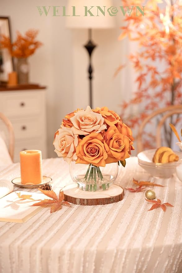 Artificial Flowers Arrangements in Vase with Faux Water, Artificial Orange Silk Rose Bouquet with Vase for Winter Seasonal Home Christmas Wedding Party Centerpieces Decor & Gift (Orange Champagne)