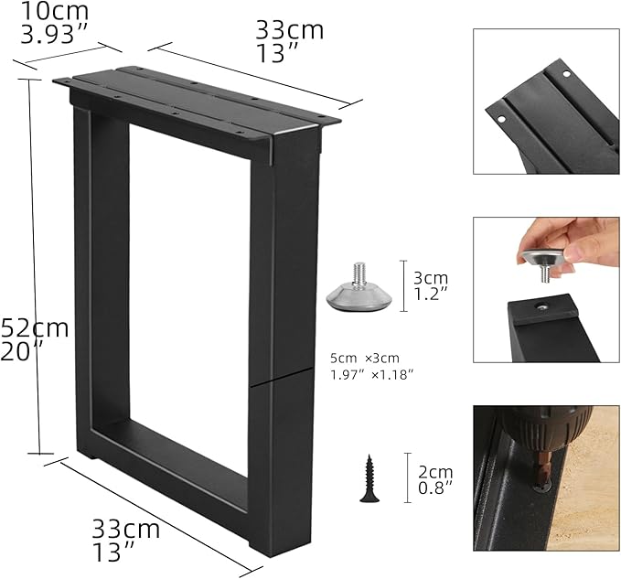 20" Metal Table Legs with Adjustable Protector Feet, Heavy Duty Furniture Legs Set of 2, Modern Desk Feets for DIY Dinning Coffee Tables, Rectangle Shape (20”H x 13”W)