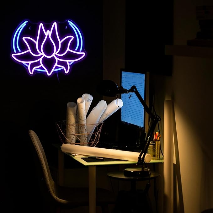 Moon Lotus Flower Neon Sign Dimmable Blue Moon Neon Light Sign for Wall Decor USB Power Purple Lotus Led Light Up Sign for Bedroom Yoga Room Game Room Man Cave