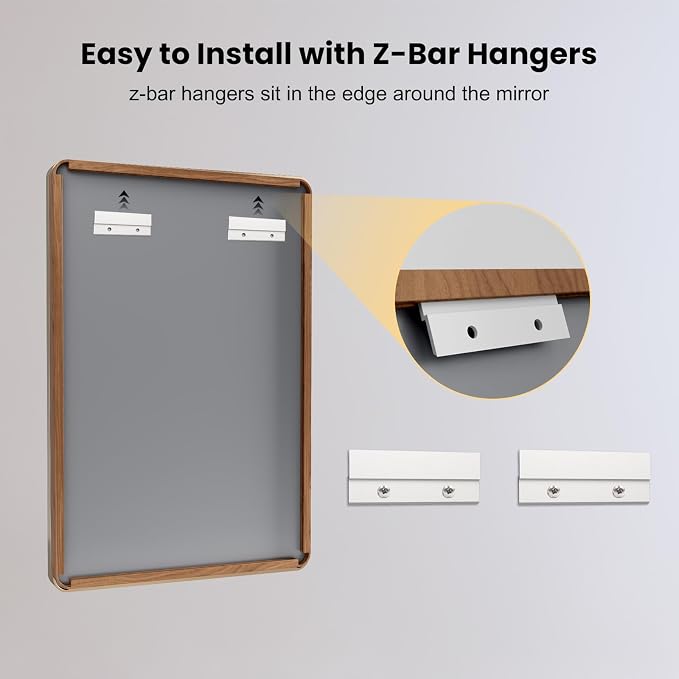 LOAAO 60X36 Inch Bathroom Mirror with Wood Grain Colored Metal Frame, Rounded Rectangle Metal Framed Bathroom Mirror, Anti-Rust, Hangs Horizontally or Vertically, Tempered Glass