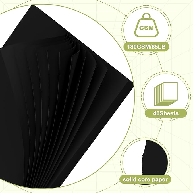 40 Sheets Cardstock 8.5x11, 65lb Black Card Stock, Construction Paper, 180gsm Thick Printer Paper for Printing, Painting, Card Making, Kids School Supplies,Party Decorations