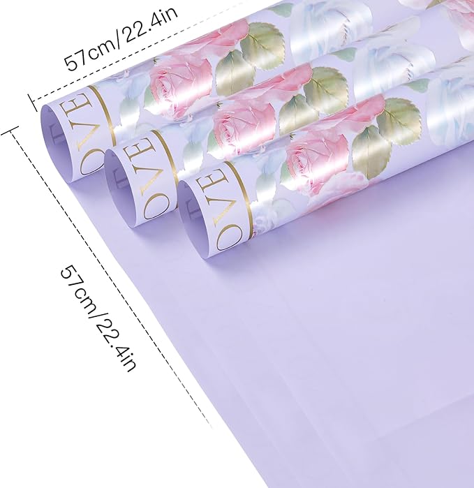 WRAPAHOLIC 20 Sheets Purple Flower Wrapping Paper - 22.4 x 22.4 inch Rose Design Water-Resistant Floral Bouquet Wrapping Paper, Florist Supplies Packaging for Wedding Birthday Gift DIY