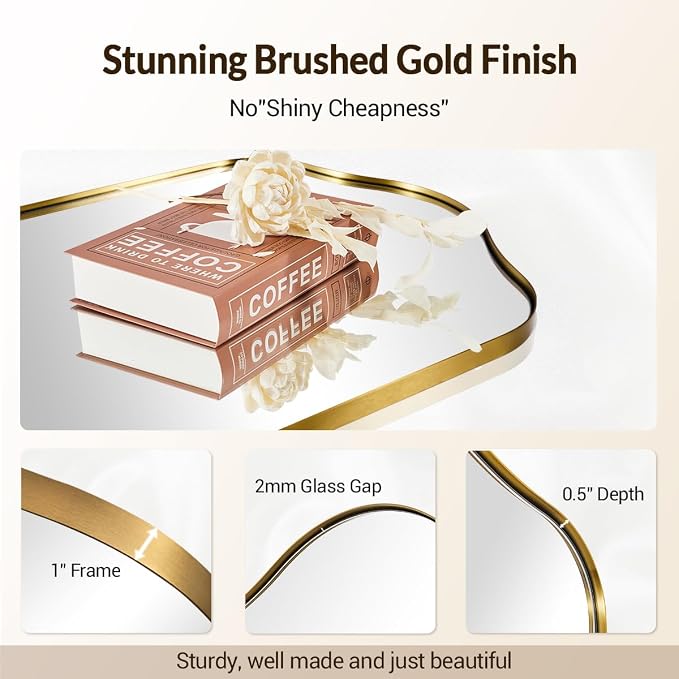 ANDY STAR Brass Scalloped Arched Wall Mirror, 22x35 Brushed Gold Irregular Bathroom Mirror with Curved Design for Vanity, Powder Room, Fireplace, Mantel, Stainless Steel Frame