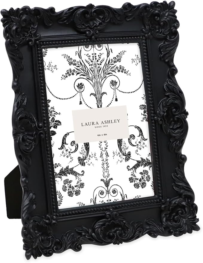 Laura Ashley 4x6 Black Ornate Textured Hand-Crafted Resin Picture Frame with Easel & Hook for Tabletop & Wall Display, Decorative Floral Design Home Décor, Photo Gallery, Art, More (4x6, Black)