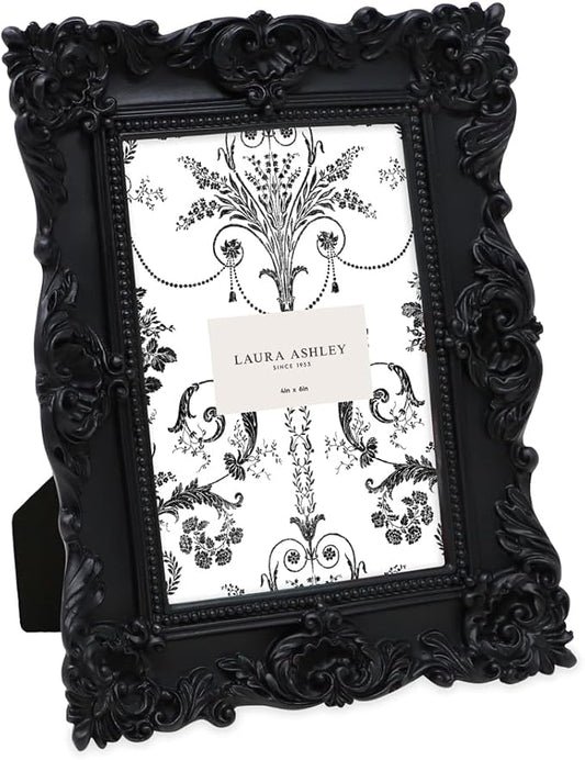 Laura Ashley 4x6 Black Ornate Textured Hand-Crafted Resin Picture Frame with Easel & Hook for Tabletop & Wall Display, Decorative Floral Design Home Décor, Photo Gallery, Art, More (4x6, Black)