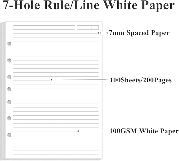 7-Hole Lined Paper Refills for Mini Binder - 100 Sheets/200 Pages 7 Ring Loose Leaf Lined Paper with Binder Dividers, 5.8" x 8.5"
