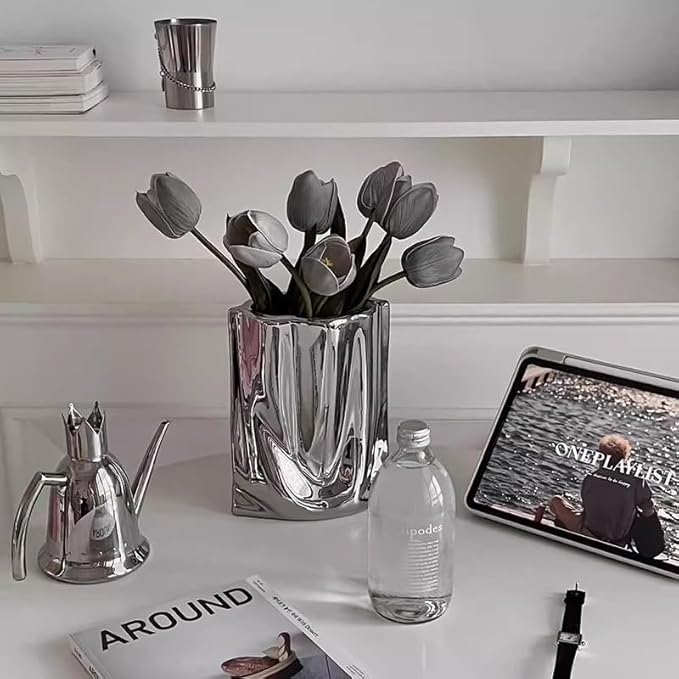 Ceramic Silver Flower Vase, Crinkle Paper Shape, Metal Decorative Home Accent (Large)