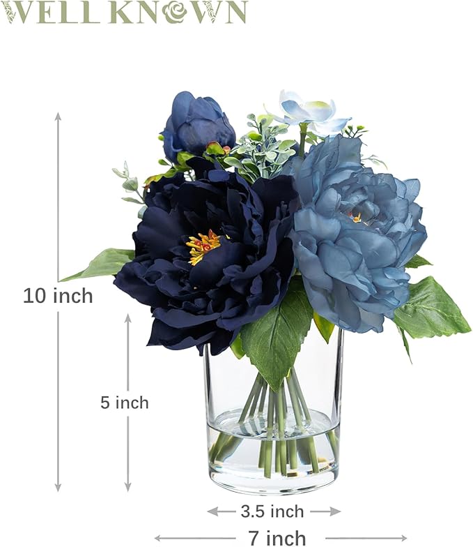 WELL KNOWN Artificial Flowers in Glass Vase with Fake Water, Silk Peony Flower Bouquet for Home Dinning Tea Table, Office Desktop, Hotel, Wedding, Party, Lavatory Decor & Gift (Navy Blue & Light Blue)
