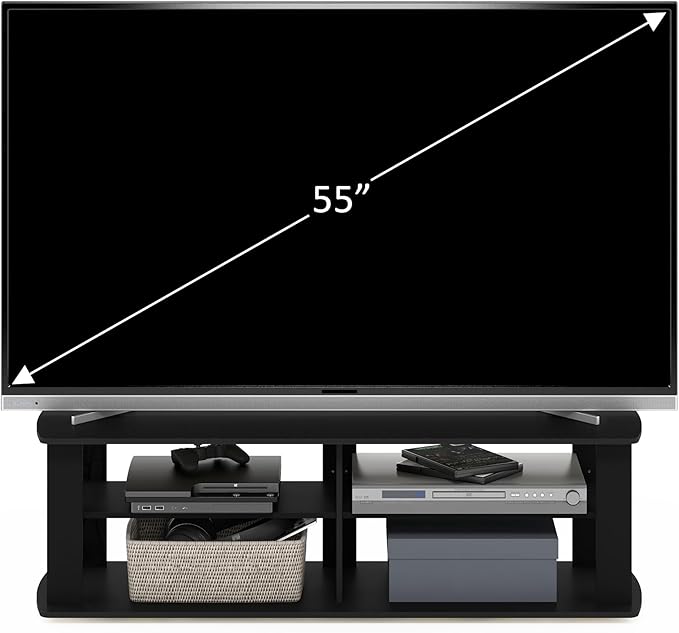 Furinno NELLY TV Stand, 3-Tier Entertainment Center with Open Shelves Storage, TV Console for TV up to 50 Inch, Soft Edges, for Living Room, Bedroom, Black