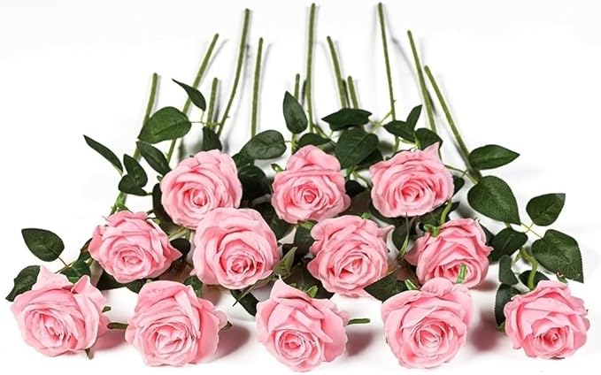Kisflower 12 Pcs Pink Roses Artificial Flowers with Stems Silk Roses Fake Rose Realistic Flower Bouquet for Wedding Party Office Home Decor (Pink)