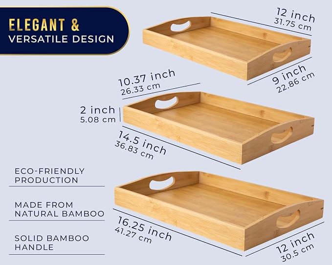 Comfify Bamboo Serving Trays – Set of 3 Ottoman Trays for Food, Entertaining, and Decor – Minimalist Design