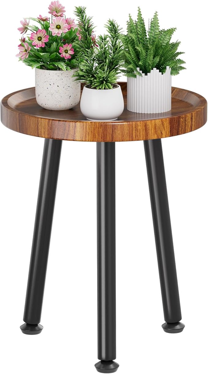 Ekisemio Plant Stand Outdoor Indoor, Mid Century Wood Side Table with Walnut Finish & Raised Edge, Modern Small End Table for Living Room (12.5"x18")