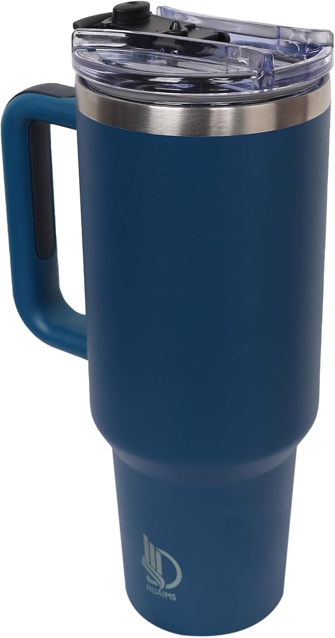 40oz Insulated Tumbler with Handle, Leakproof Straw Lid & Carry Handle - Double Wall Vacuum Insulation Keeps Ice 24 Hours, BPA Free Stainless Steel Water Bottle (Charcoal Blue)