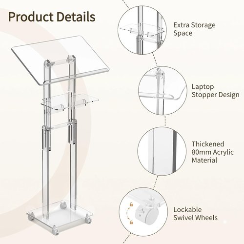 Skiennix Acrylic Podium Stand - Portable Rolling Design with Lockable Wheels & Adjustable Height | Clear with Storage Shelf