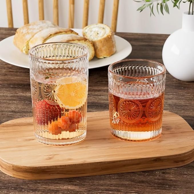 Loivttvv 12pcs Vintage Drinking Glasses Set, 12 oz Highball Glasses & 9 oz Embossed Ribbed Glassware Cups for Cocktail, Water, Juice, Coffee, Whiskey (Clear)