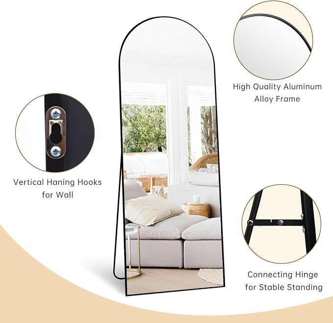 Dewfig Arched Full Length Mirror, 58"x18" Large Floor Mirror with Stand, Full Body Mirrors for Leaning or Hanging, Wall Mirrors for Bedroom, Living Room,Dressing Room, Black