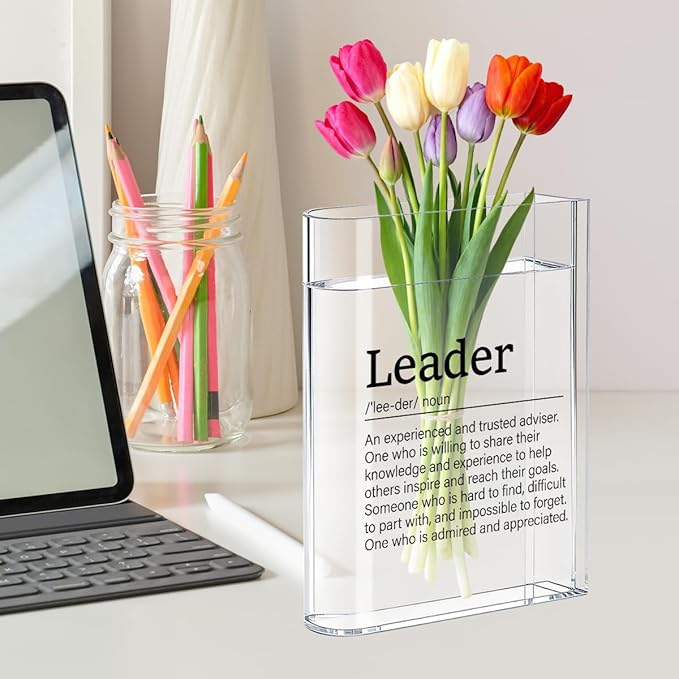 Leader Boss Bosses Day Gifts for Women Men Manager Funny Office Decor for Women Wooden Acrylic Book Flower Vase National Boss Day Decorations Gifts for Leader HR Manager Men Bookshelf Desk Decor