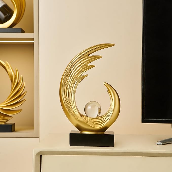 FJS Gold Modern Art Statue Decor, Coffee Table Bookshelf Shelf Decor Accents, Abstract Feather Sculpture Decorations for Dining Room Living Room Office