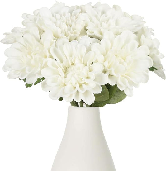 IPOPU 10pcs Artificial Chrysanthemums Flowers 13inch PU Dahlia Flowers White Fake Mums Faux Dahlia Flower with Stems for Home Wedding Office Table Centerpiece Floral Arrangement Decor(White)