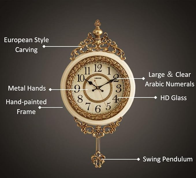 SHISEDECO Elegant, Traditional, Decorative, Hand Painted Modern Grandfather Wall Clock Fancy Ethnic Luxury Handmade Decoration, Swinging Pendulum for New Room or Office. Large. 29.5 Inch. (Yellow)