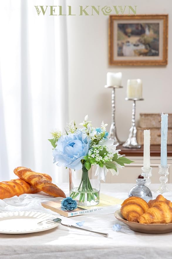 WELL KNOWN Artificial Flowers in Glass Vase with Fake Water, Silk Rose Dahlia Flower Bouquet for Home Dinning Tea Table, Office Desktop, Hotel, Wedding, Party, Lavatory Decor & Gift (Blue & White)