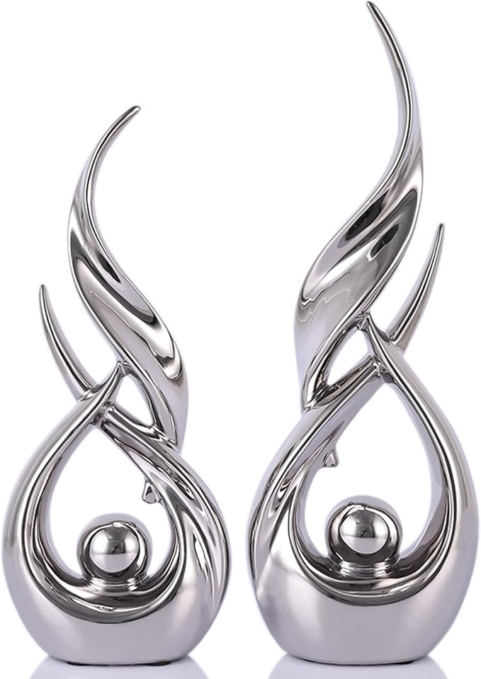 2 PCS Silver Ceramic Statues For Home Decor Accents, Modern Abstract Art Sculptures, Elegant Tabletop Decorative Objects For Dining Room, Entryway, Tv Stand, Mantel, Coffee Table Centerpieces