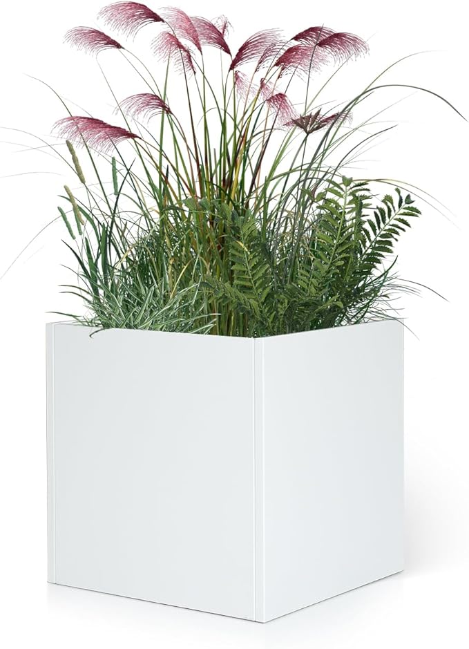 White Outdoor Planter Square Steel Planters Galvanized Steel Planter Box 20 Inch Indoor Metal Large Planters Cube Heavy Duty Modern Commercial Residential for Trees Patio Yard Garden