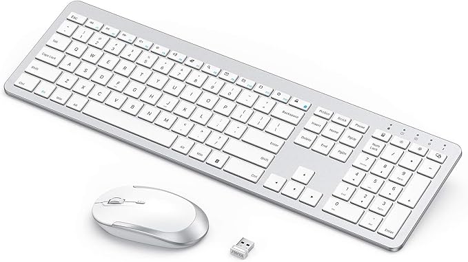 Wireless Keyboard and Mouse - Rechargeable Full Size Flat Keyboard & Mouse Sets with Build-in Lithium Battery, Ultra Thin Quiet Keyboard Mice - Silver and White