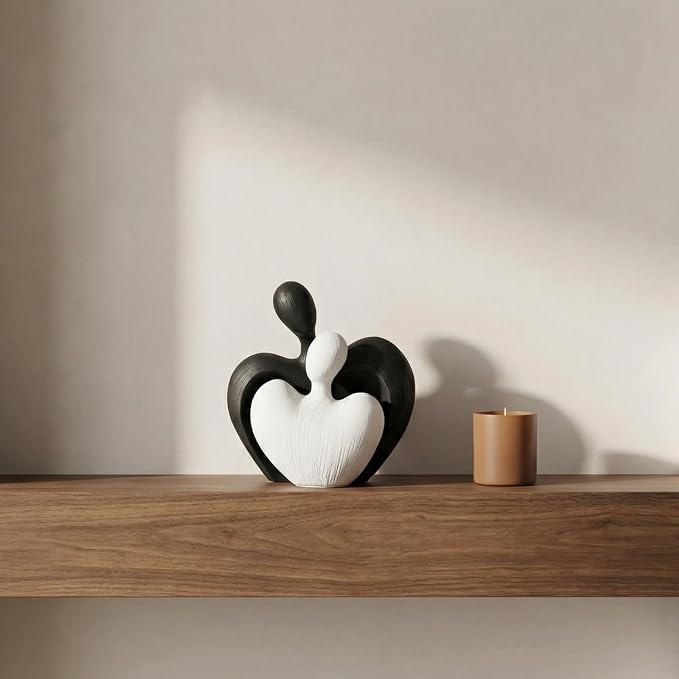 Ceramic Couple Statues Home Decor Aesthetic Abstract Sculpture Modern Decorative Statue for Living Room Bedroom Bookshelf Table Centerpiece Office (White and Black)