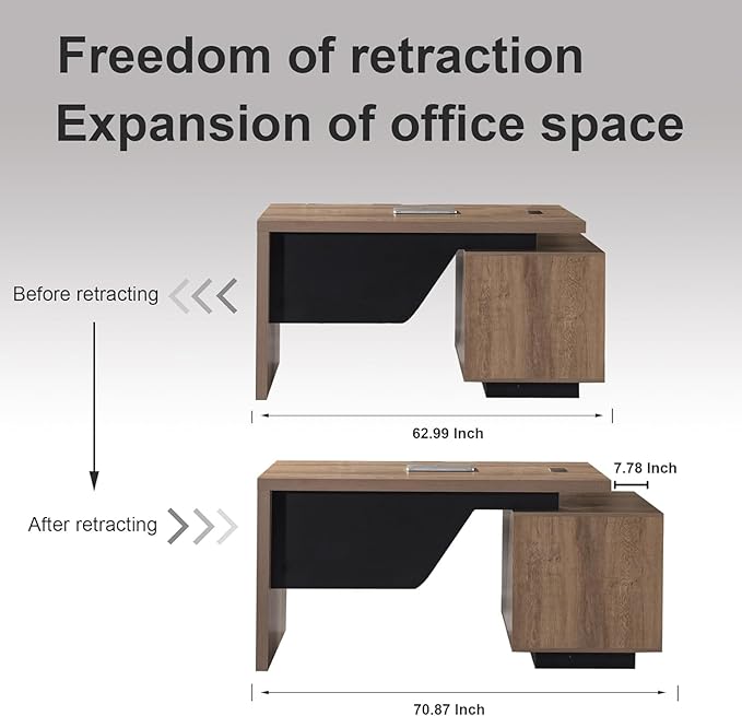 Modern Executive Desk, Rectangle Office Desk with Storage Cabinet, Width Adjustable Standing Desks, Stand Under Table Storage Organizer, Mahogany