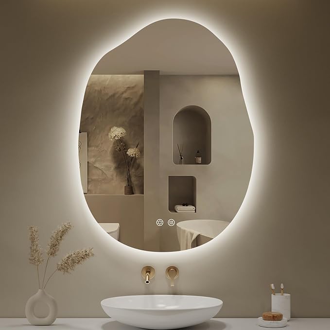 LOVESPEJO Irregular Backlit Mirror Bathroom 24x32 Inch, Asymmetrical LED Bathroom Mirror with Lights, Fogless, Dimmable, 3 Colors, Horizontal/Vertical