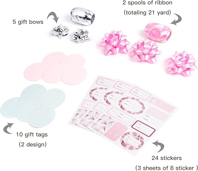 MAYPLUSS Wrapping Paper Set - Mini Roll with Bow & Ribbon & Gift Tags & Stickers - 17 inch X 120 inch Per roll - Pink Design (42.3 sq.ft.TTL)