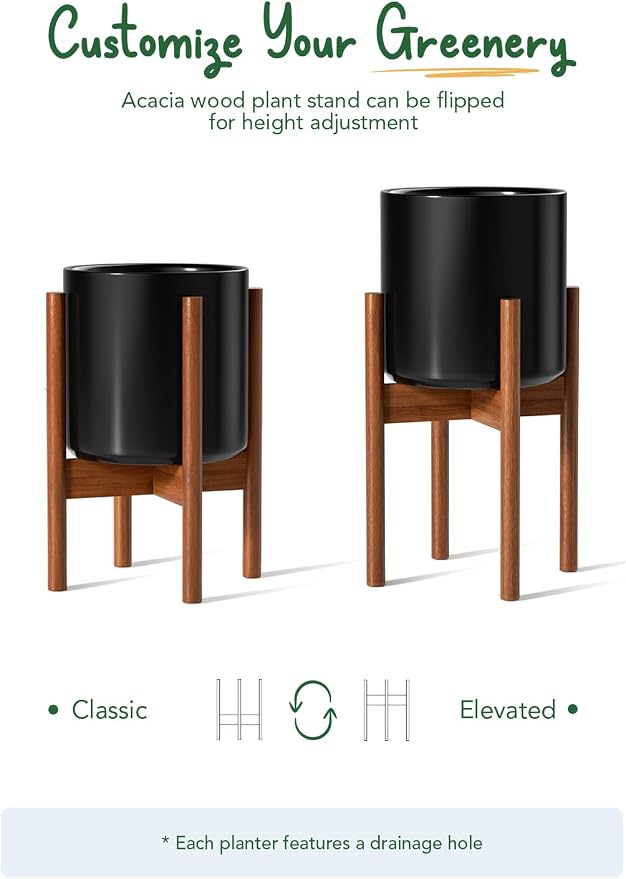 LE TAUCI 10 Inch Planter with Acacia Wood Stand, Ceramic Planter for Indoor Plants with Plant Holder, Mid-Century Modern Home Decor, Round Flower Pots with Drainage Hole, Black