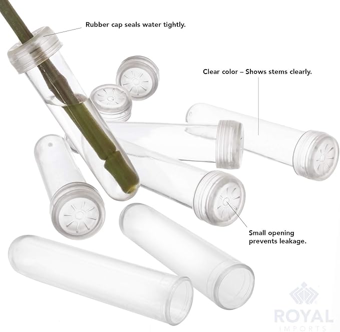 Royal Imports Floral Water Tubes with Caps – 3.5" Clear Plastic Flower Vials for Single Stem Roses, Buds, Bouquets – Standard Style, 1/2" Opening – 50 Pack