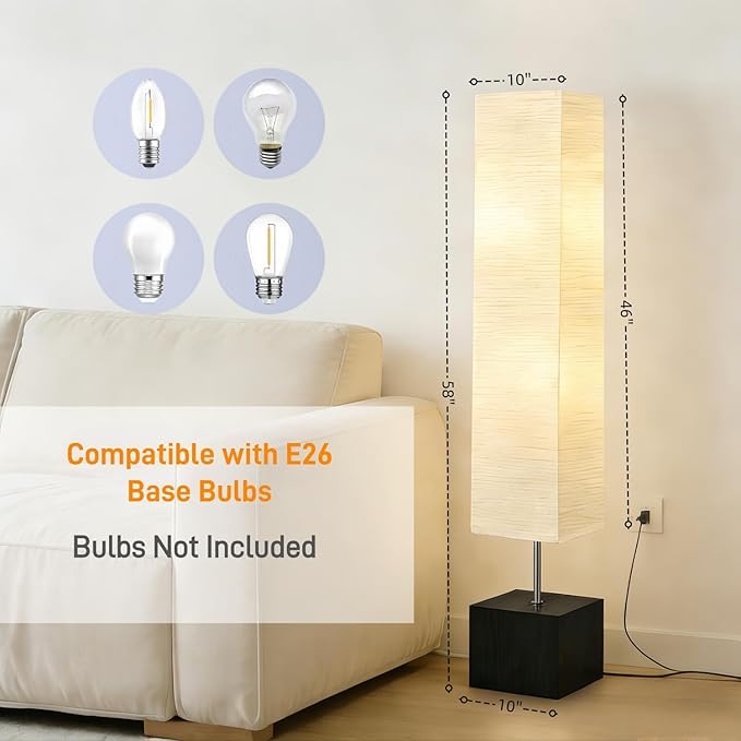 46" Floor Lamp, Modern Standing Lamp with Solid Wood Base & Xuan Paper Shade, Tall Reading Light with Foot Pedal Switch, E26 Bulb Compatible, Ideal for Bedroom, Living Room, Study