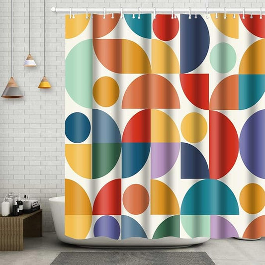 Vintage Colorful Rainbow Mid Century Shower Curtain Modern Abstract Geometric Art Bathroom Curtain Decor 72x96 Inch Washable Fabric Bright Retro Boho Circle Patterned Bath Curtain with 12 Hooks
